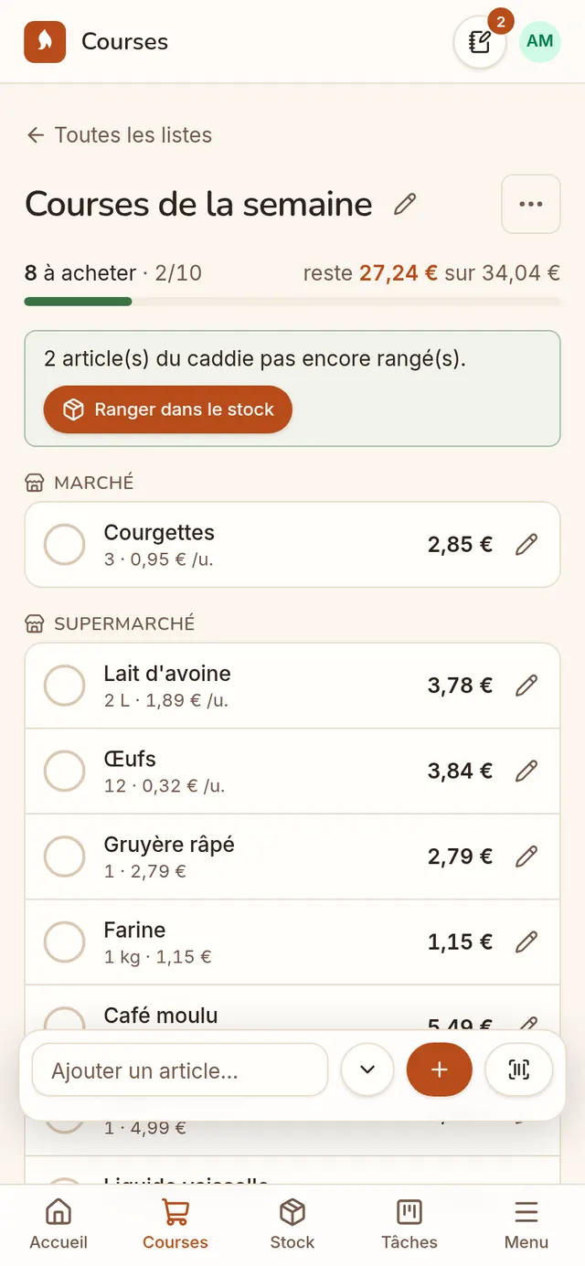 Une liste de courses, rangée par magasin, avec les prix