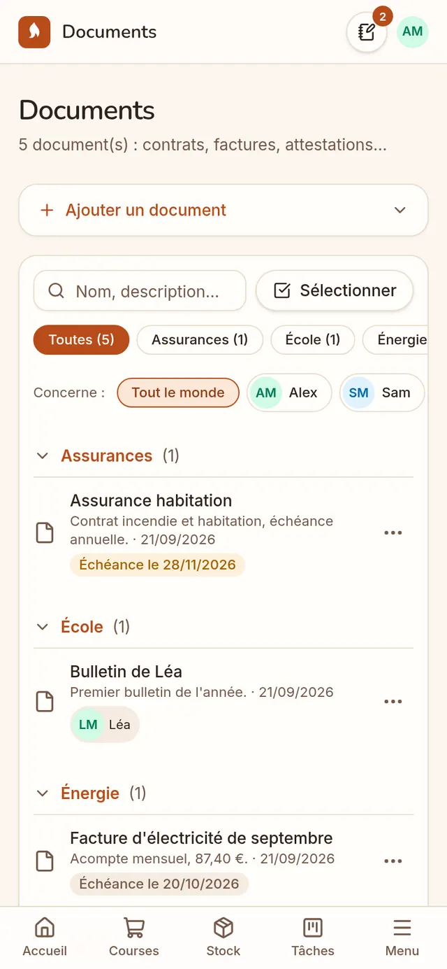 Les papiers du foyer et leurs échéances