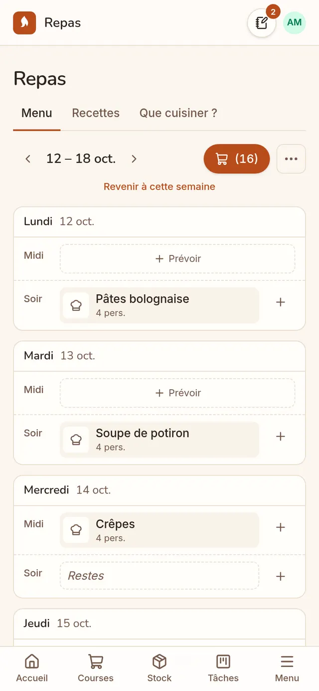 Le menu de la semaine, midi et soir